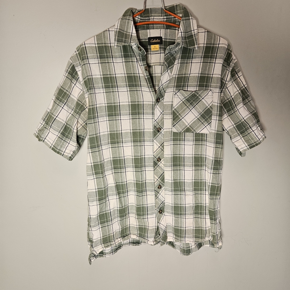 Vintage Cabela's White and Green Checkered Men's Shirt